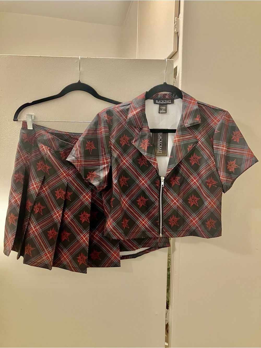 NEW Blackcraft Goat Plaid Crop Top Pleated Mini Skirt Set Goth 2 Pc Dress Sz M.